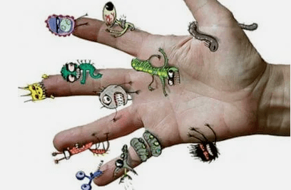 Infection with helminths through dirty hands